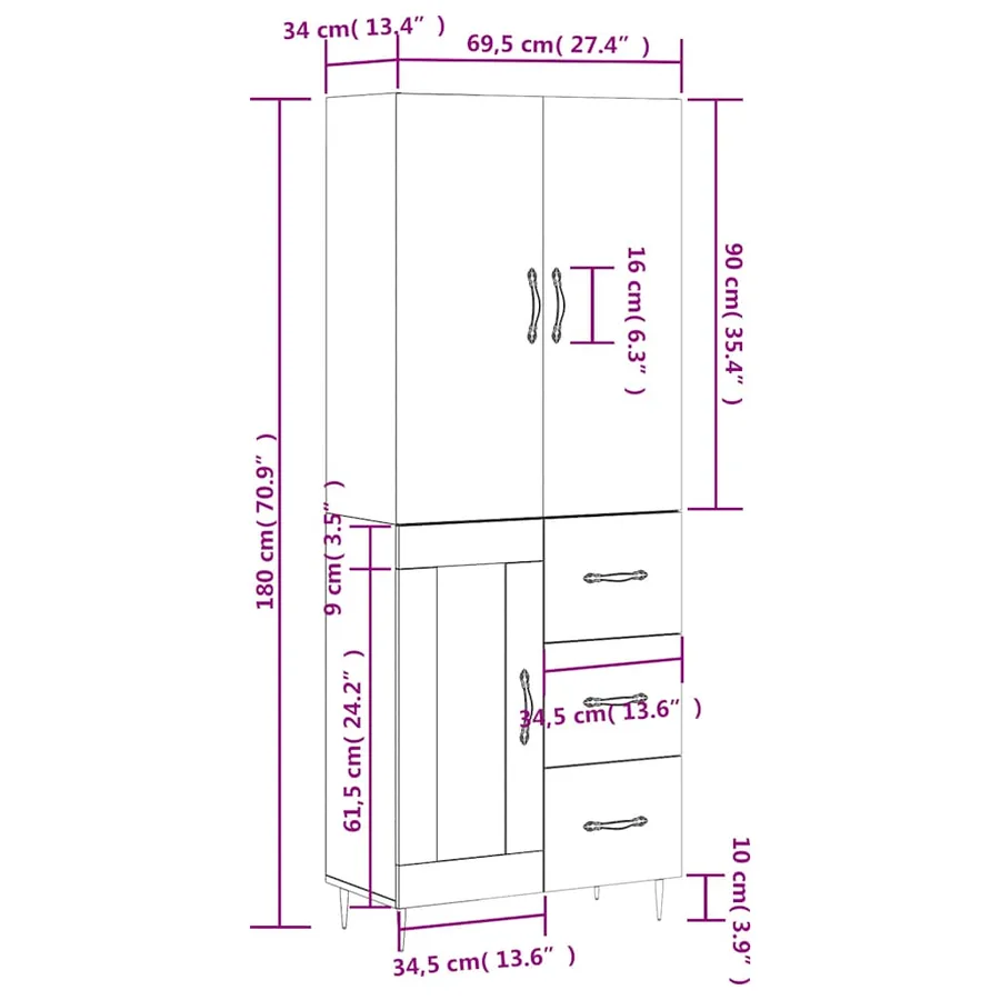 Buffet haut Blanc 69,5x34x180 cm Bois d'ingénierie - 14