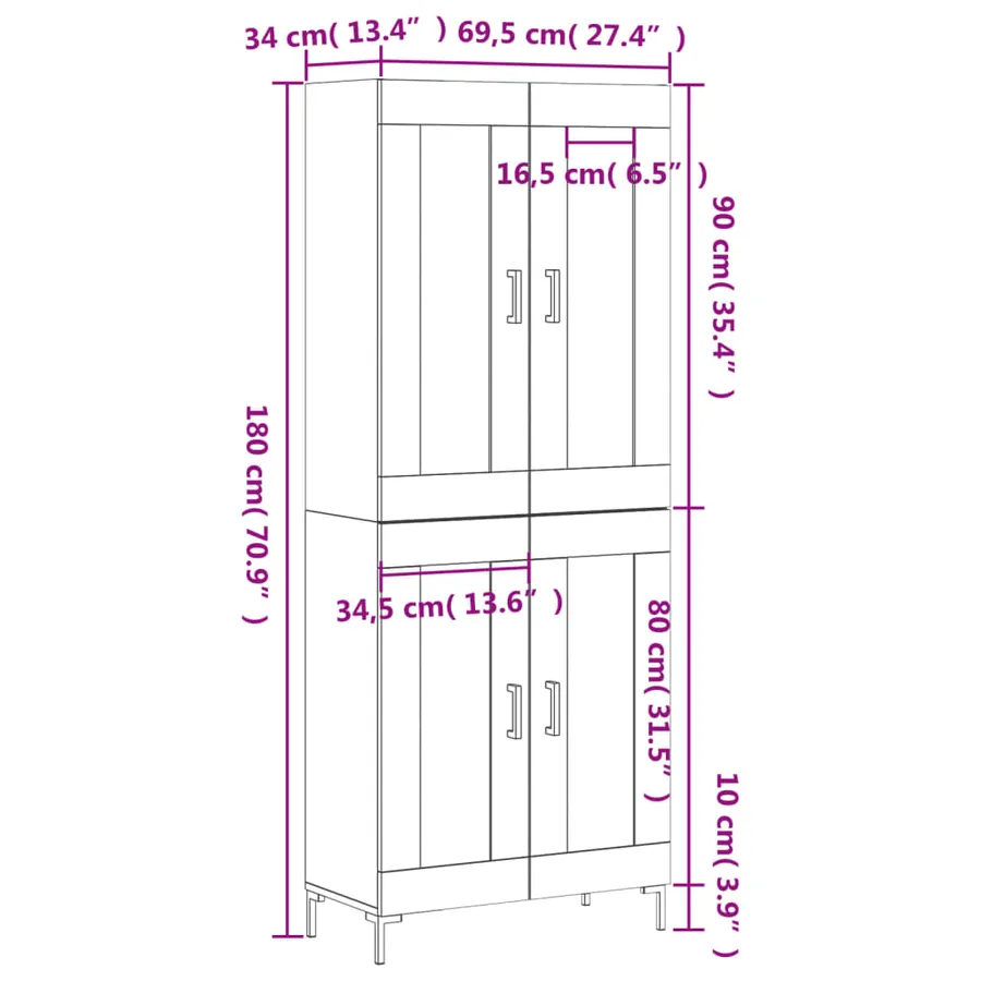 Buffet haut Blanc 69,5x34x180 cm Bois d'ingénierie - 13