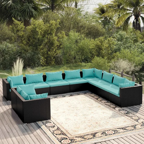 Salon de jardin 10 pcs avec coussins noir résine tressée