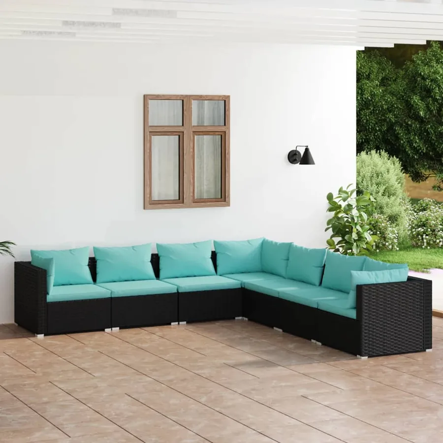 Salon de jardin 7 pcs avec coussins Résine tressée Noir