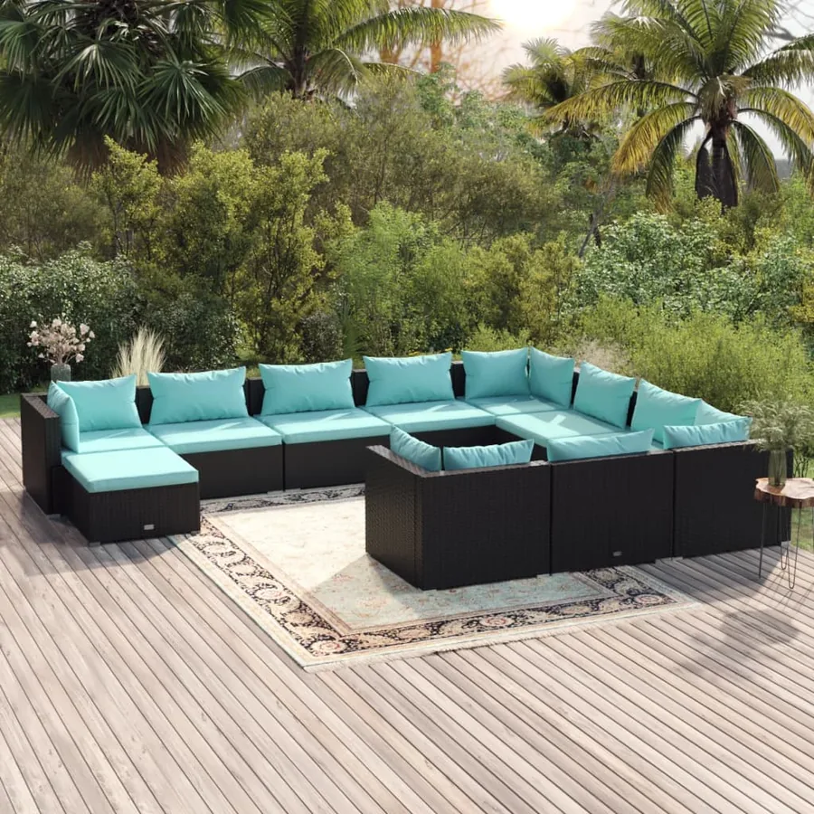 Salon de jardin 11 pcs avec coussins Résine tressée Noir