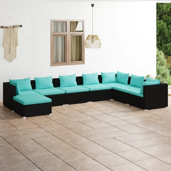 Salon de jardin 8 pcs avec coussins Résine tressée Noir