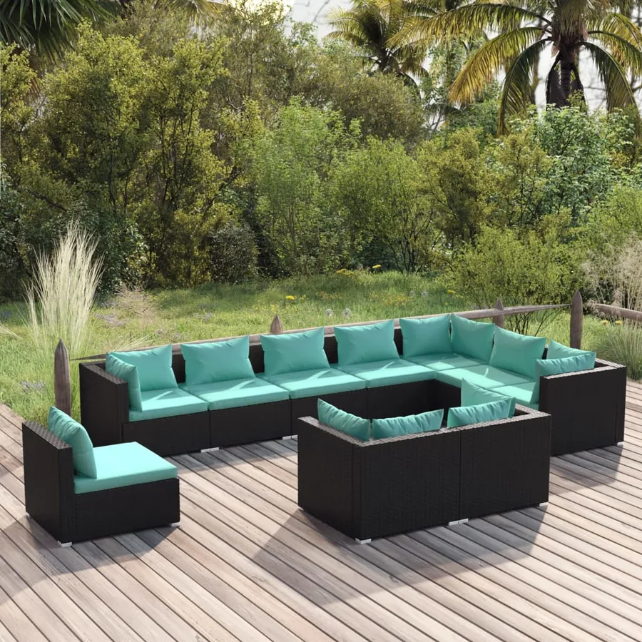 Salon de jardin 10 pcs avec coussins Résine tressée Noir