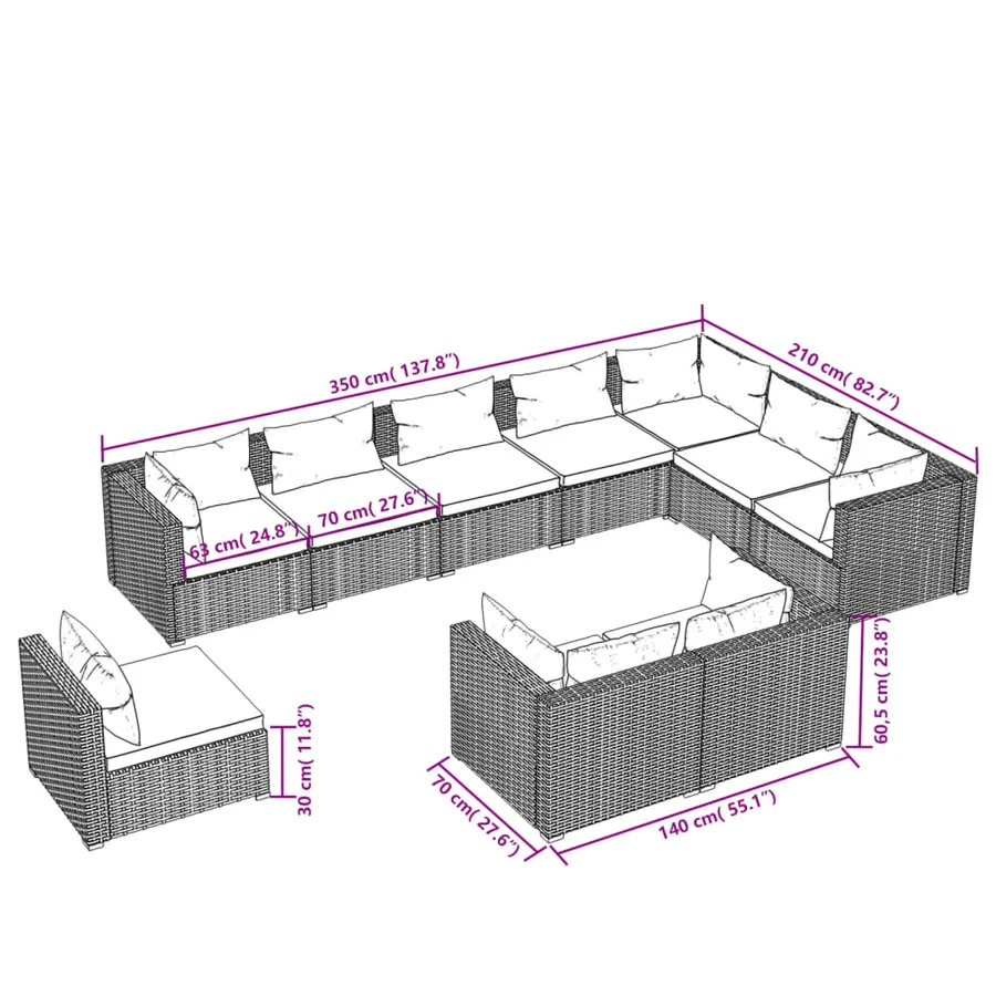 Salon de jardin 10 pcs avec coussins Résine tressée Noir - 5