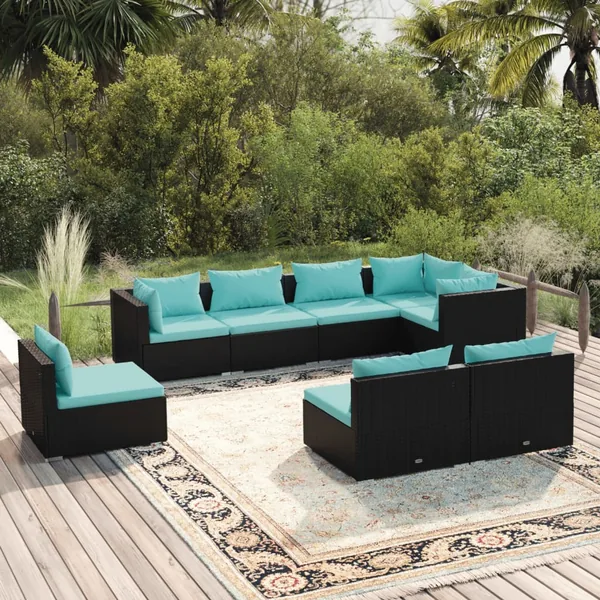 Salon de jardin 8 pcs avec coussins résine tressée noir