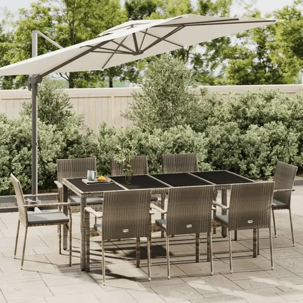 Ensemble à manger de jardin 9 pcs coussins gris résine tressée