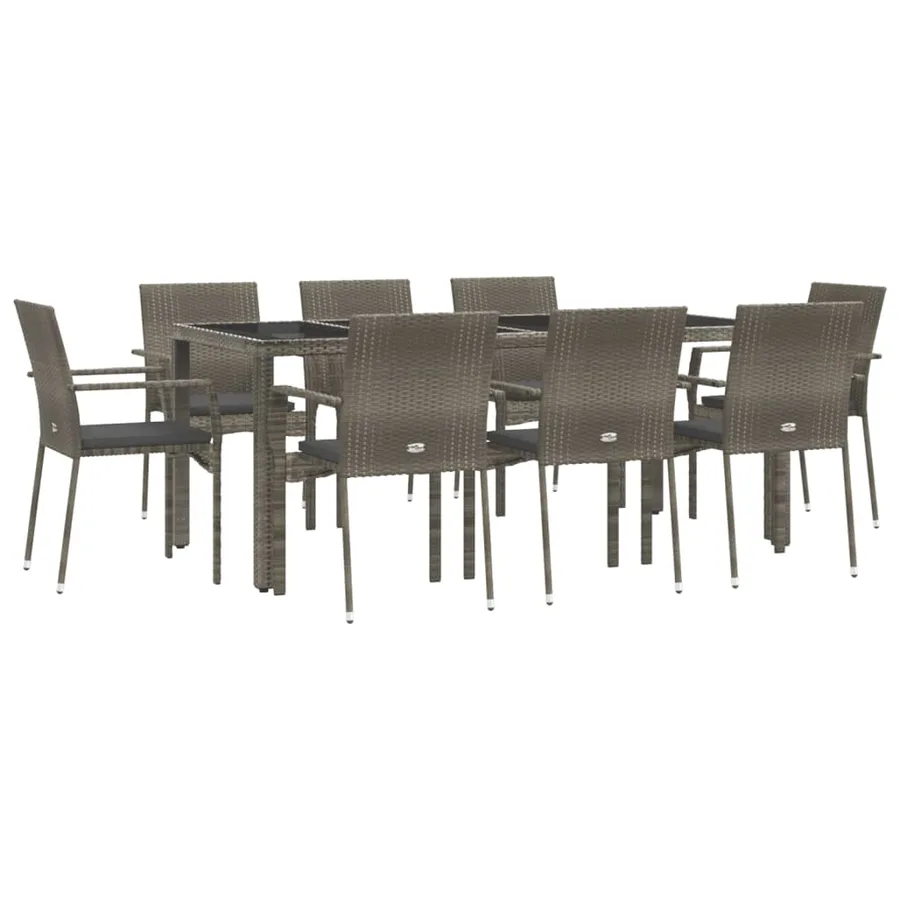 Ensemble à manger de jardin 9 pcs coussins gris résine tressée - 3