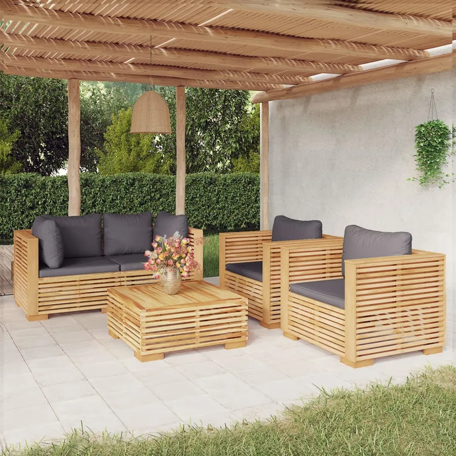 Salon de jardin 5 pcs avec coussins Bois de teck solide