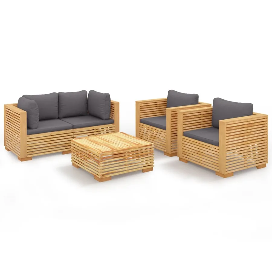 Salon de jardin 5 pcs avec coussins Bois de teck solide - 2