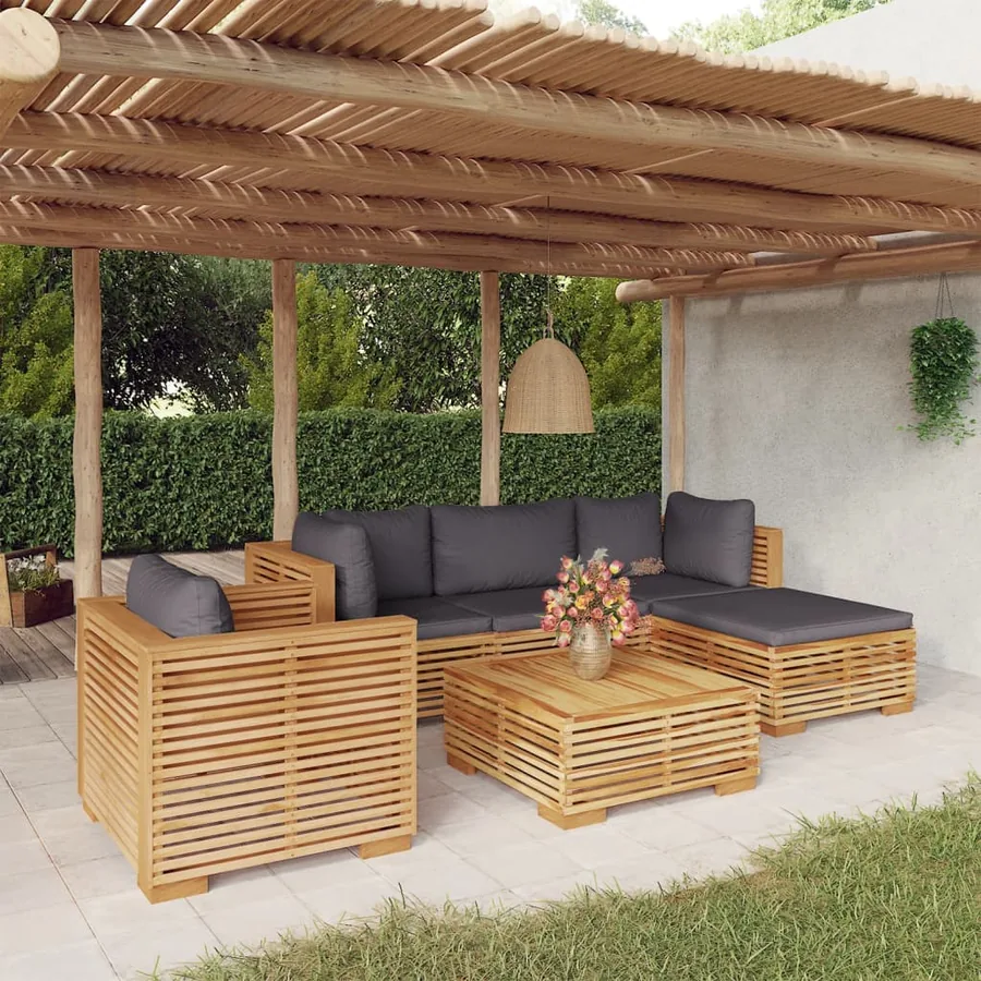 Salon de jardin 6 pcs avec coussins Bois de teck solide