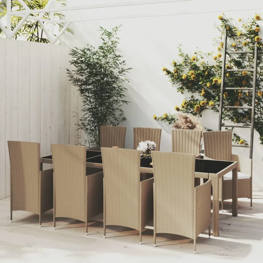 Ensemble à dîner de jardin 9 pcs coussins Résine tressée Beige