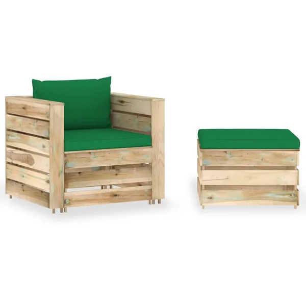 Salon de jardin 2 pcs avec coussins Bois imprégné de vert