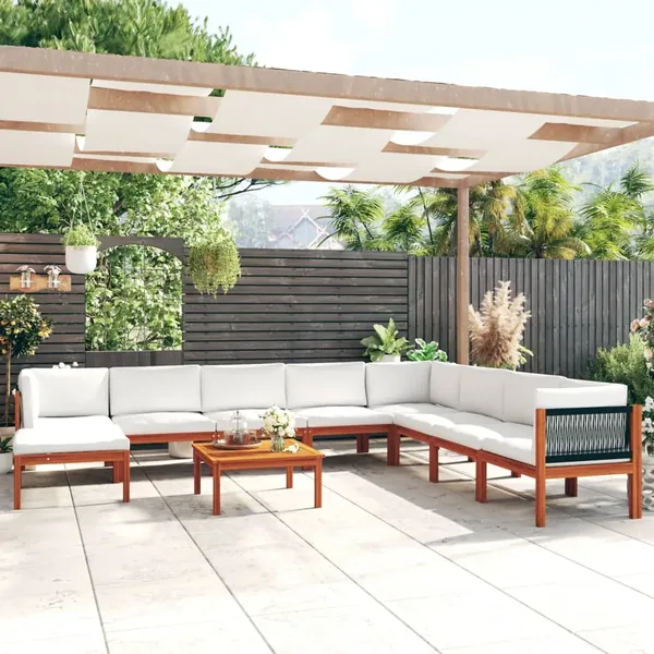 Salon de jardin 9 pièces avec coussins, bois d'acacia crème et corde