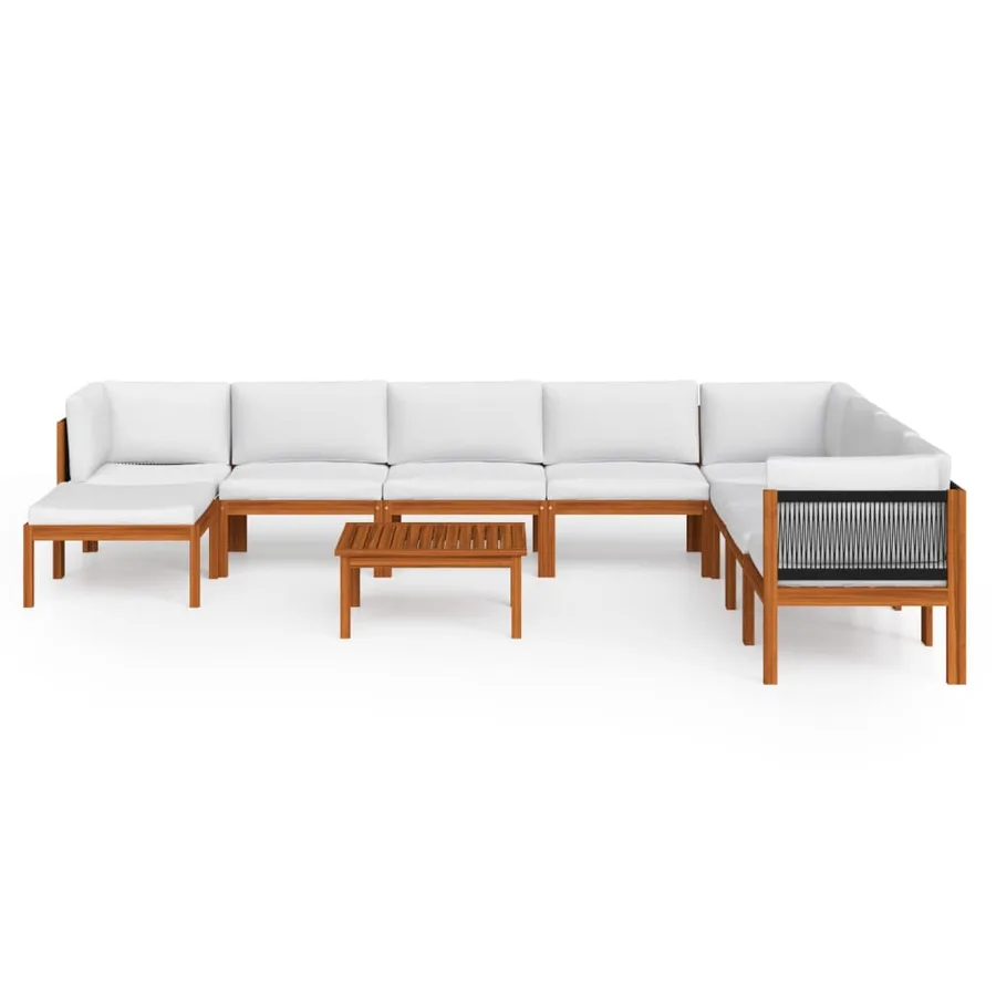 Salon de jardin 9 pièces avec coussins, bois d'acacia crème et corde - 3