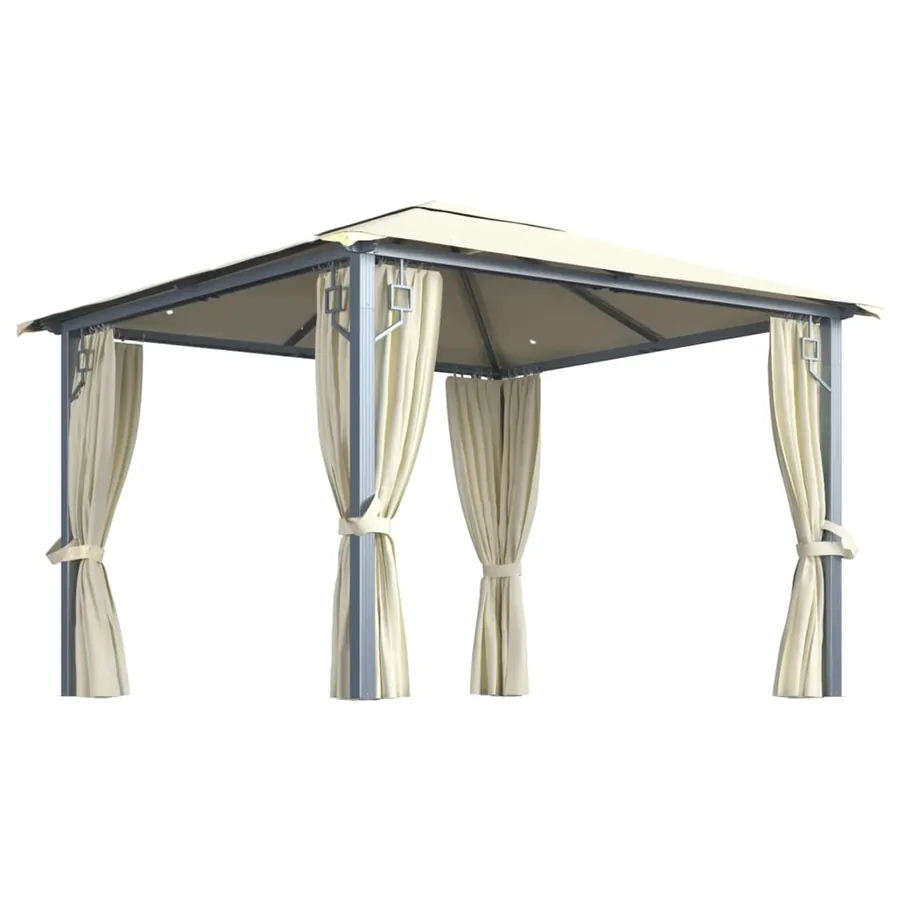 Tonnelle avec rideau et lumières LED 3x3 m Crème Aluminium - 2