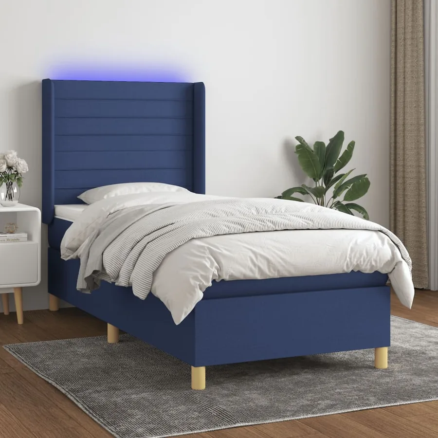 Sommier à lattes de lit matelas et LED Bleu 100x200 cm Tissu