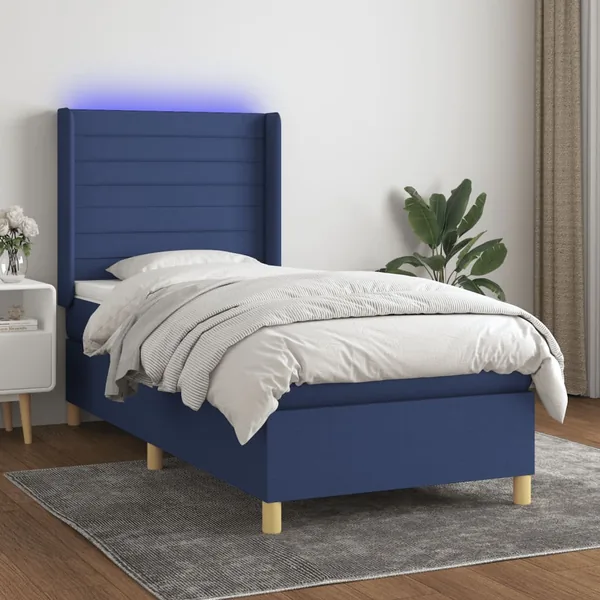 Sommier à lattes de lit matelas et LED Bleu 100x200 cm Tissu