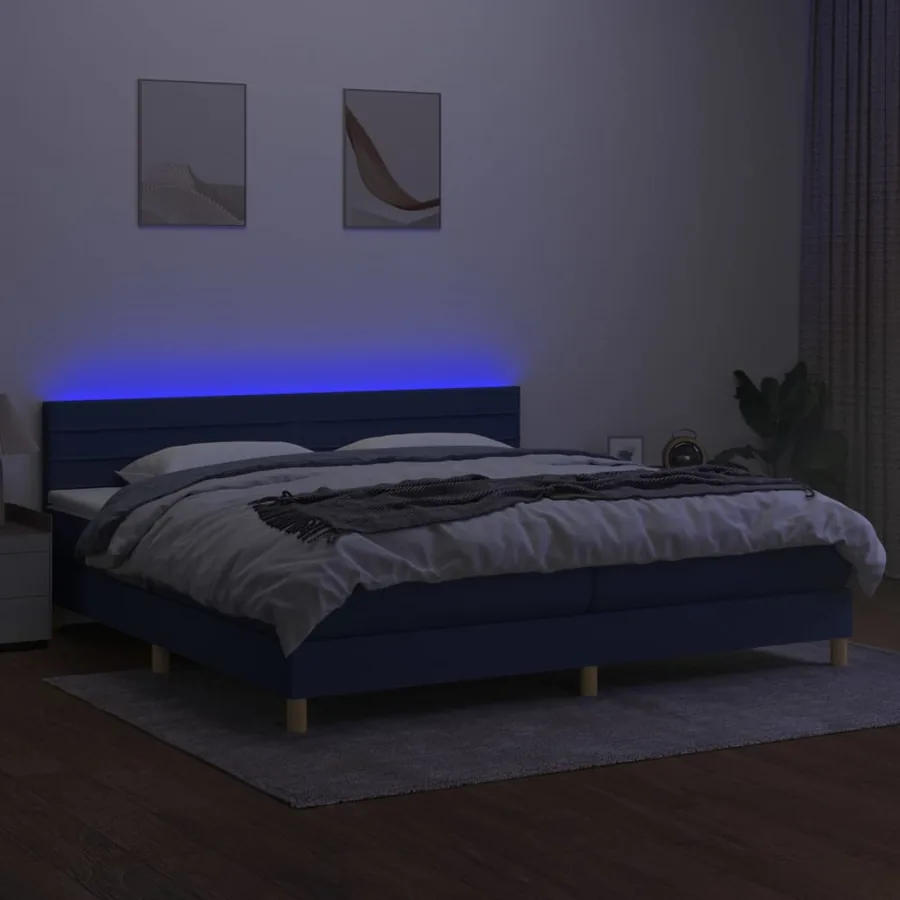 Sommier à lattes de lit et matelas et LED Bleu 200x200 cm Tissu - 3