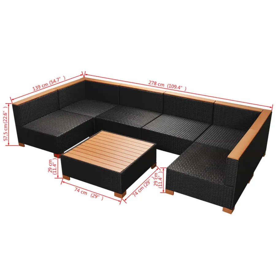 Salon de jardin 9 pcs avec coussins Résine tressée Noir - 13