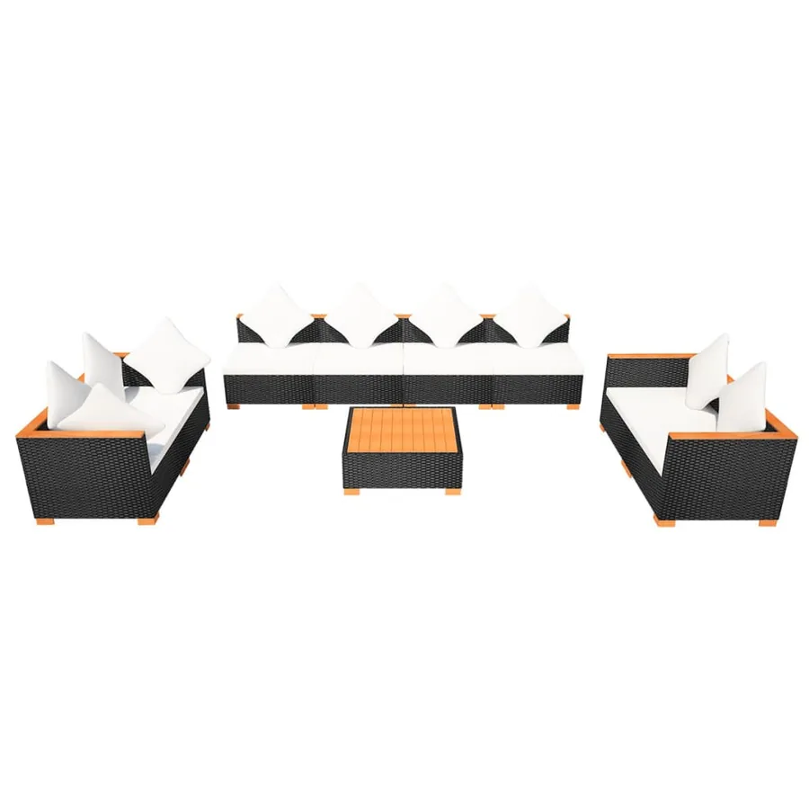 Salon de jardin 9 pcs avec coussins Résine tressée Noir - 3