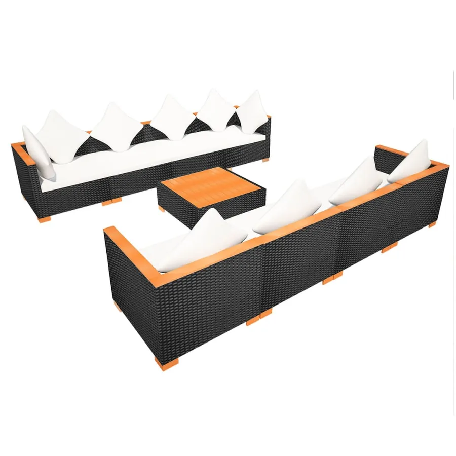 Salon de jardin 9 pcs avec coussins Résine tressée Noir - 7
