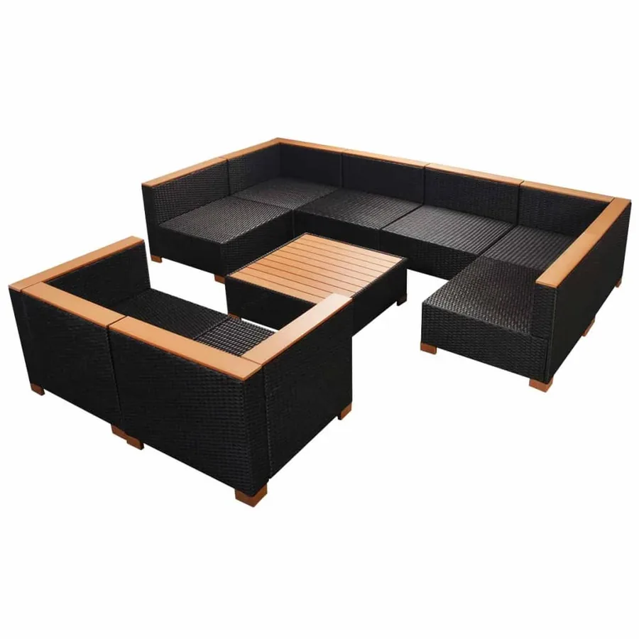 Salon de jardin 9 pcs avec coussins Résine tressée Noir - 8