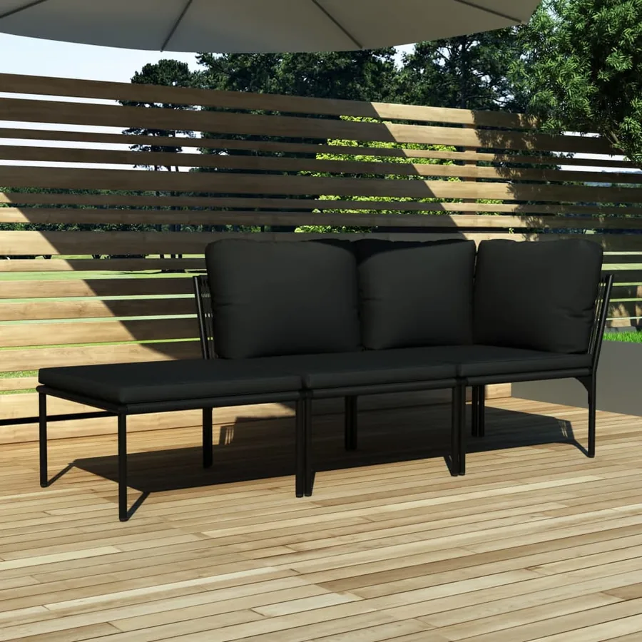 Salon de jardin 3 pcs avec coussins Noir PVC