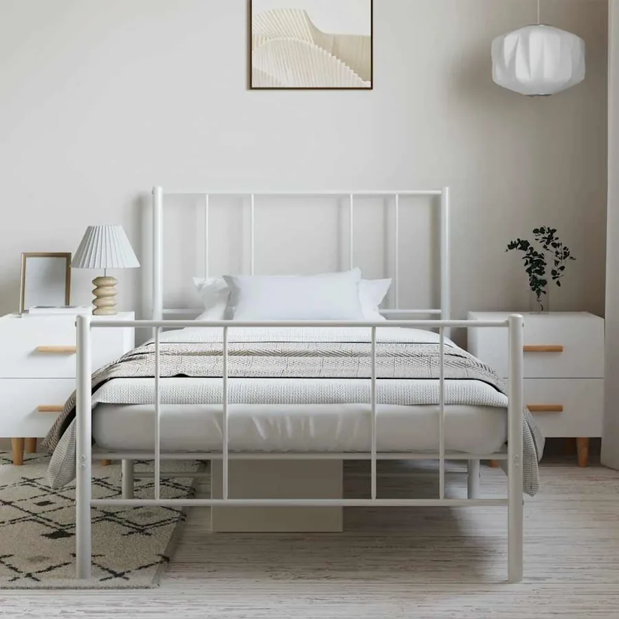 Cadre de lit métal sans matelas et pied de lit blanc 100x190 cm - 3