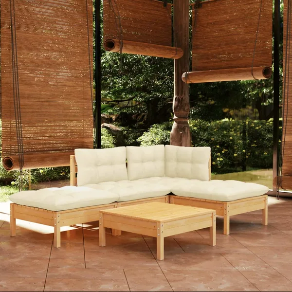 Salon de jardin 5 pcs avec coussins crème bois de pin
