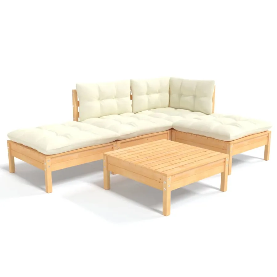 Salon de jardin 5 pcs avec coussins crème bois de pin - 2