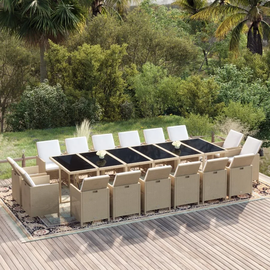 Ensemble à manger de jardin coussins 17pcs Résine tressée Beige