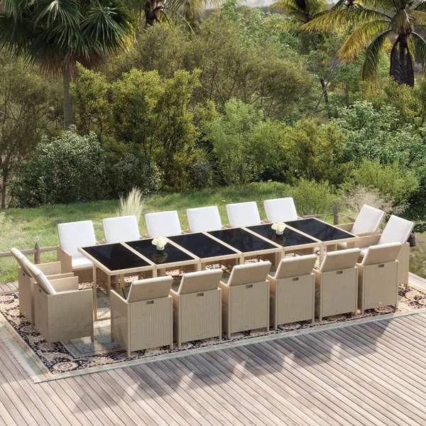 Ensemble à manger de jardin coussins 17pcs Résine tressée Beige