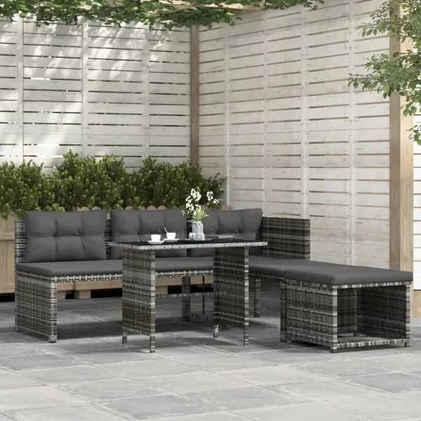 Ensemble à manger de jardin 4pcs coussins Gris Résine tressée