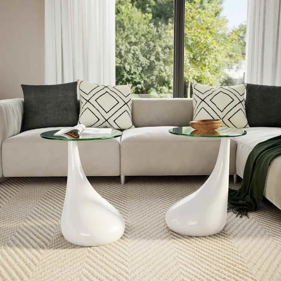 Table basse et dessus de table Verre rond Blanc brillant 2 pcs - 3