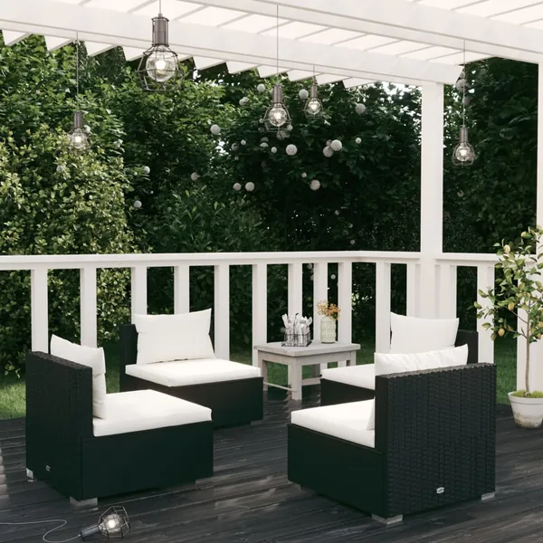 Salon de jardin 4 pcs avec coussins Résine tressée Noir