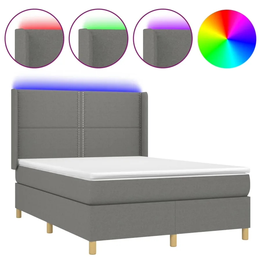 Sommier à lattes de lit matelas LED Gris foncé 140x190 cm Tissu - 2