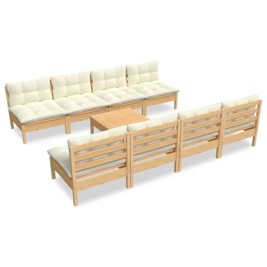Salon de jardin 9 pcs avec coussins crème bois de pin massif - 2