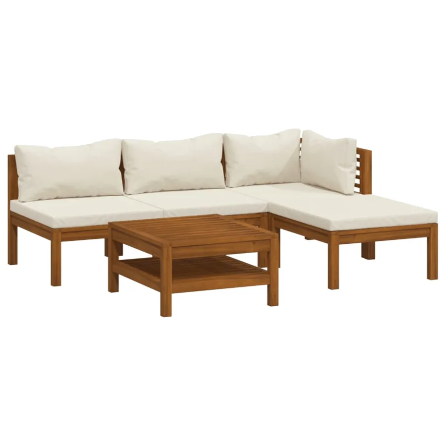 Salon de jardin 5 pcs avec coussin crème Bois d'acacia solide - 2