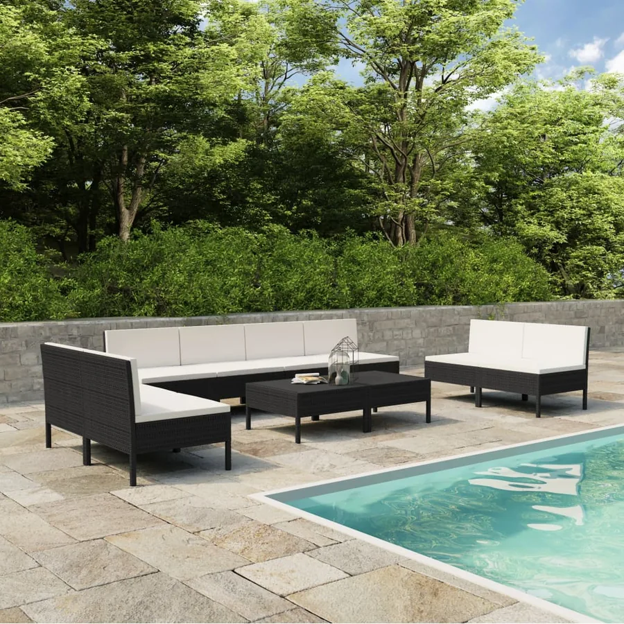 Salon de jardin 10 pcs avec coussins Résine tressée Noir