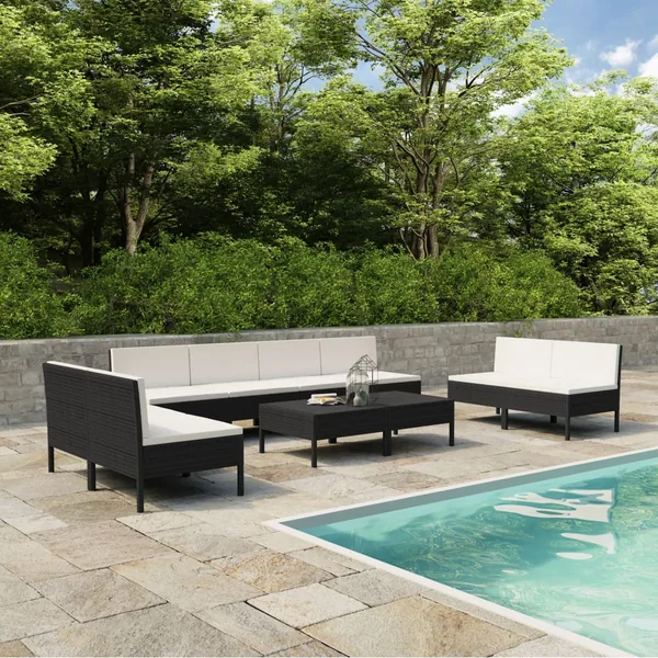 Salon de jardin 10 pcs avec coussins Résine tressée Noir