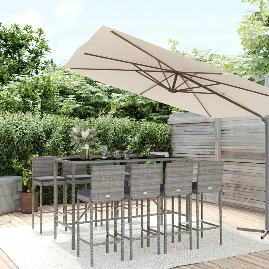 Ensemble de bar de jardin 9 pcs avec coussins gris poly rotin