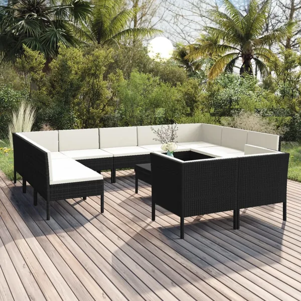 Salon de jardin 12 pcs avec coussins résine tressée noir