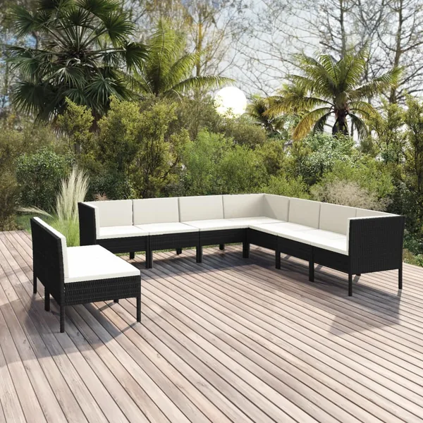 Salon de jardin 9 pcs avec coussins Résine tressée Noir