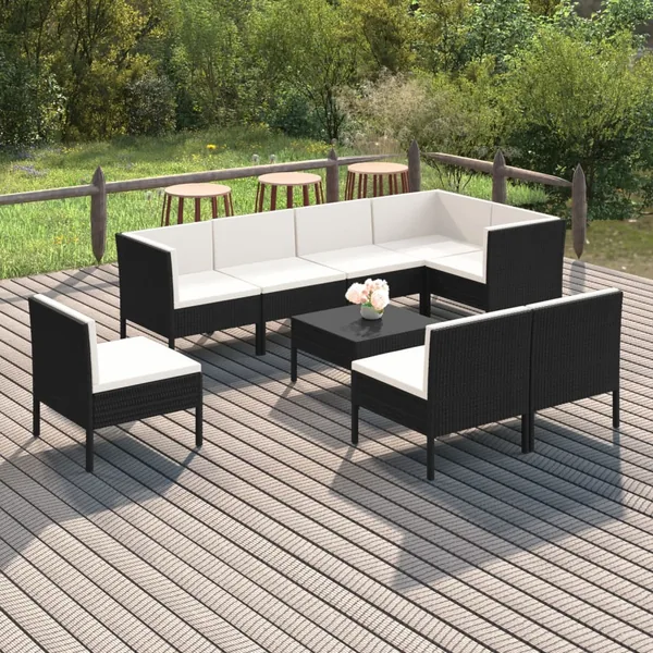 Salon de jardin 9 pcs avec coussins Résine tressée Noir