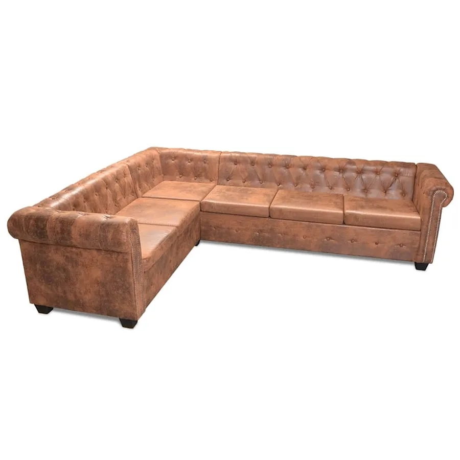 Canapé d'angle Chesterfield 6 Places Cuir artificiel Marron - 2