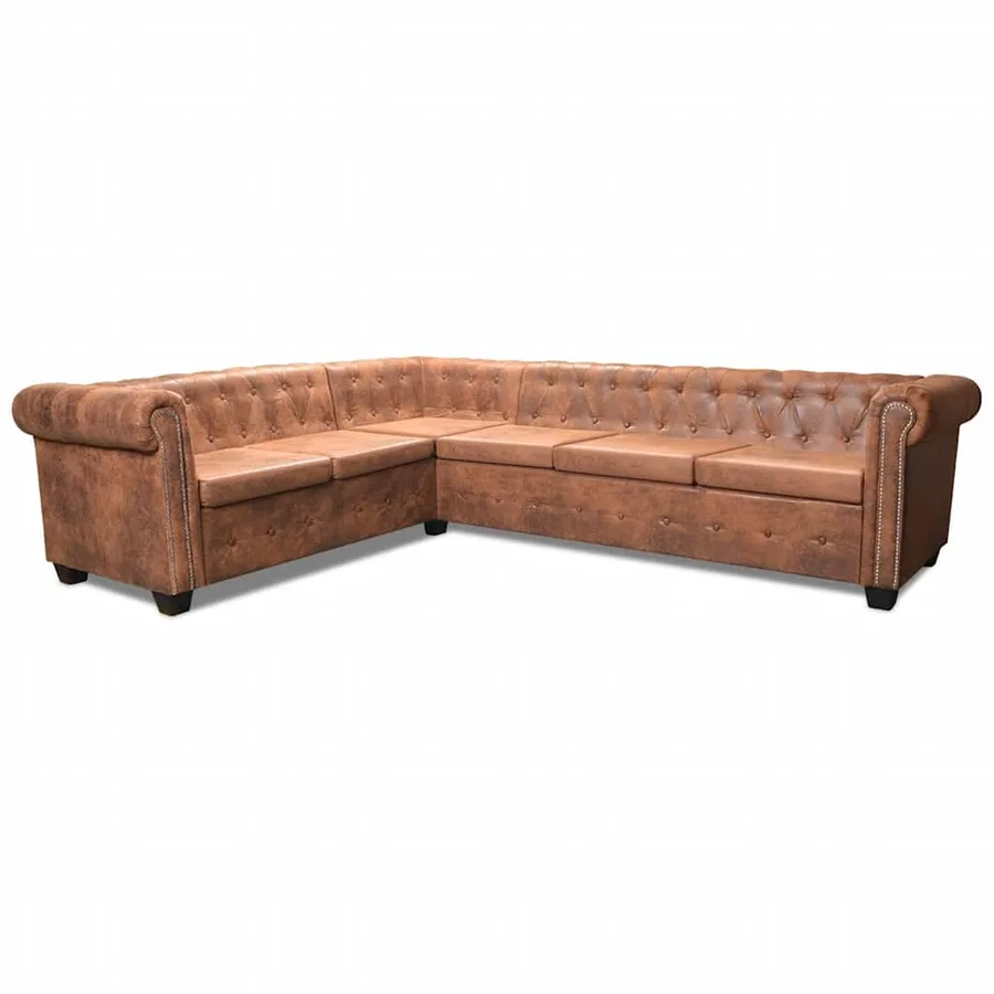 Canapé d'angle Chesterfield 6 Places Cuir artificiel Marron - 3