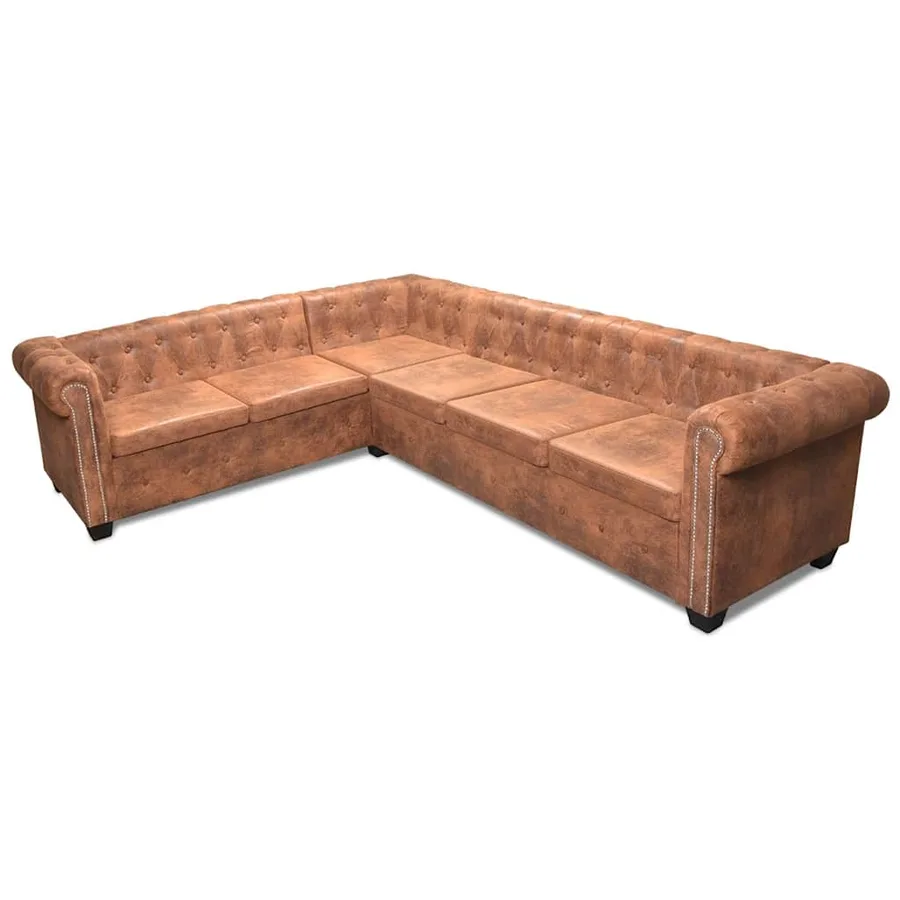 Canapé d'angle Chesterfield 6 Places Cuir artificiel Marron - 4