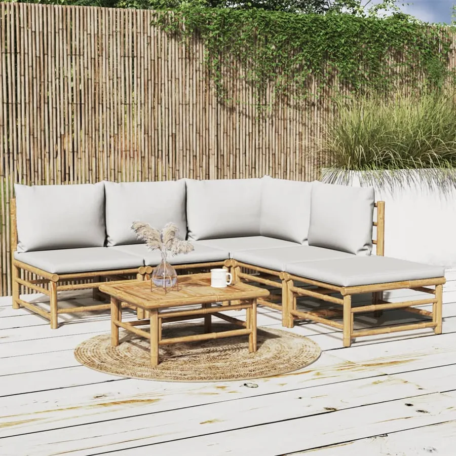Salon de jardin 6 pcs avec coussins gris clair bambou