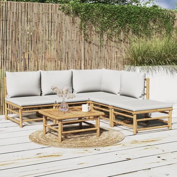 Salon de jardin 6 pcs avec coussins gris clair bambou