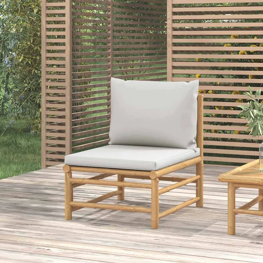 Canapé central de jardin avec coussins gris clair bambou
